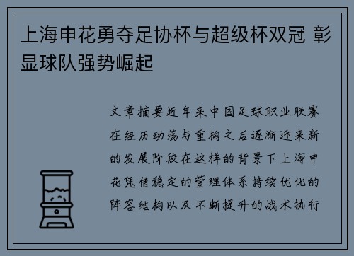 上海申花勇夺足协杯与超级杯双冠 彰显球队强势崛起 上海申花勇夺足协杯与超级杯双冠 彰显球队强势崛起